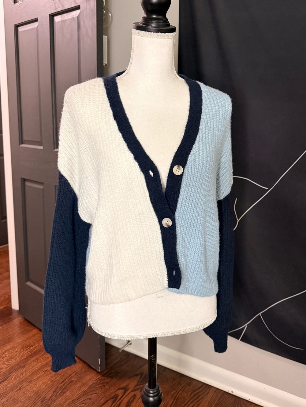 Francesca's Navy, Light Blue & Cream Colorblock V-Neck Cardigan NWT